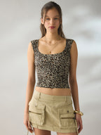 Vintage Dot Ribbed Square Neck Fitted Tank Top