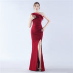 New craftsmanship Order ostrich hair banquet performance satin long evening dress