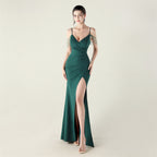 New satin suspender evening dress bead chain decoration slim and thin, banquet red carpet