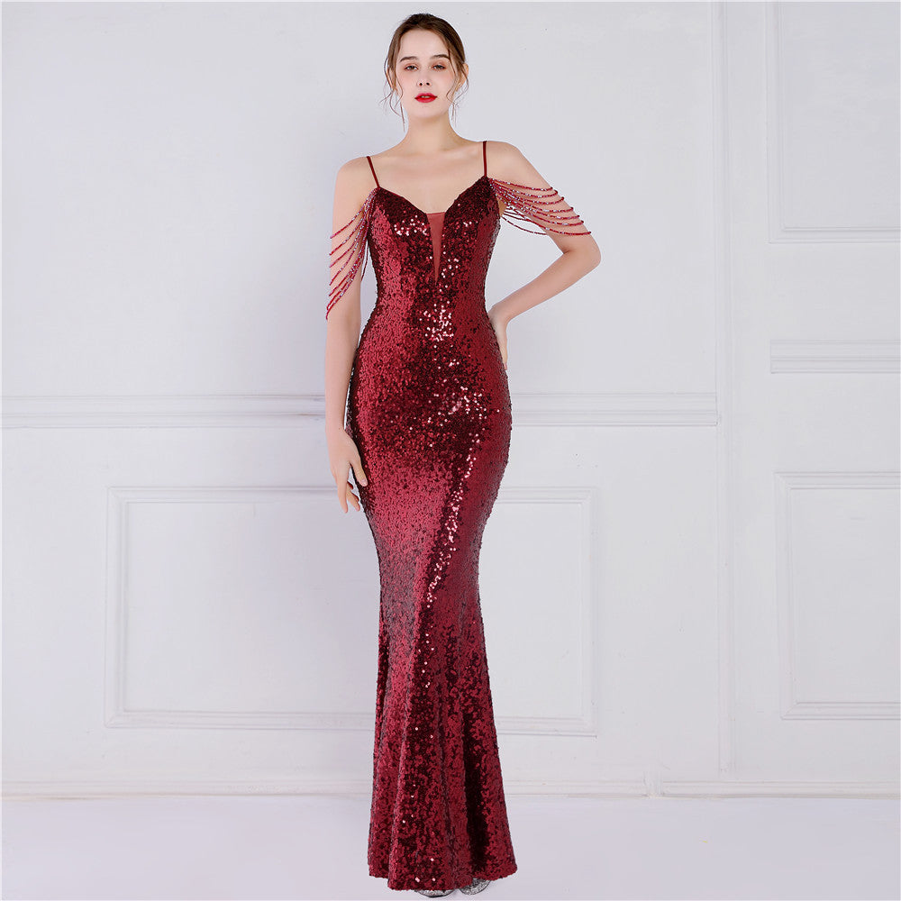 New sequined fishtail long dress performance Internet celebrity event banquet car model etiquette evening dress