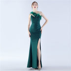 New craftsmanship Order ostrich hair banquet performance satin long evening dress