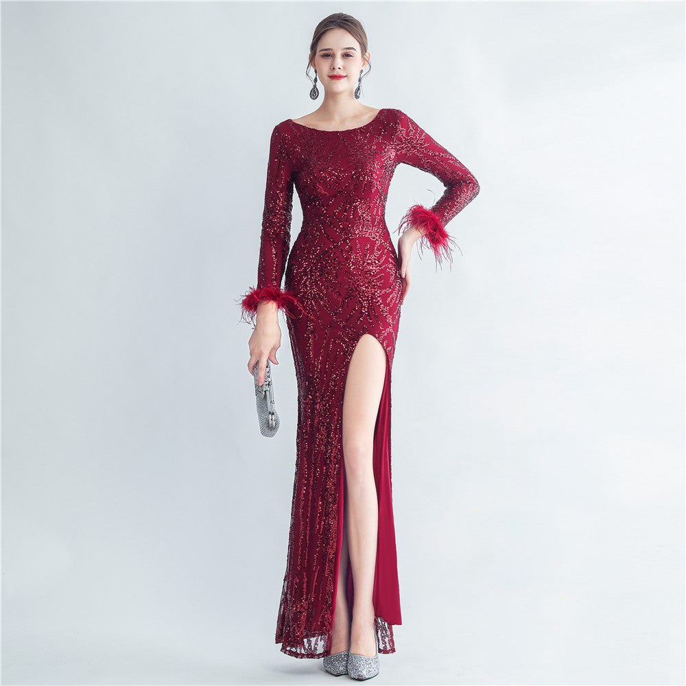 High-density ostrich hair beads long-sleeved fishtail high-end evening dress
