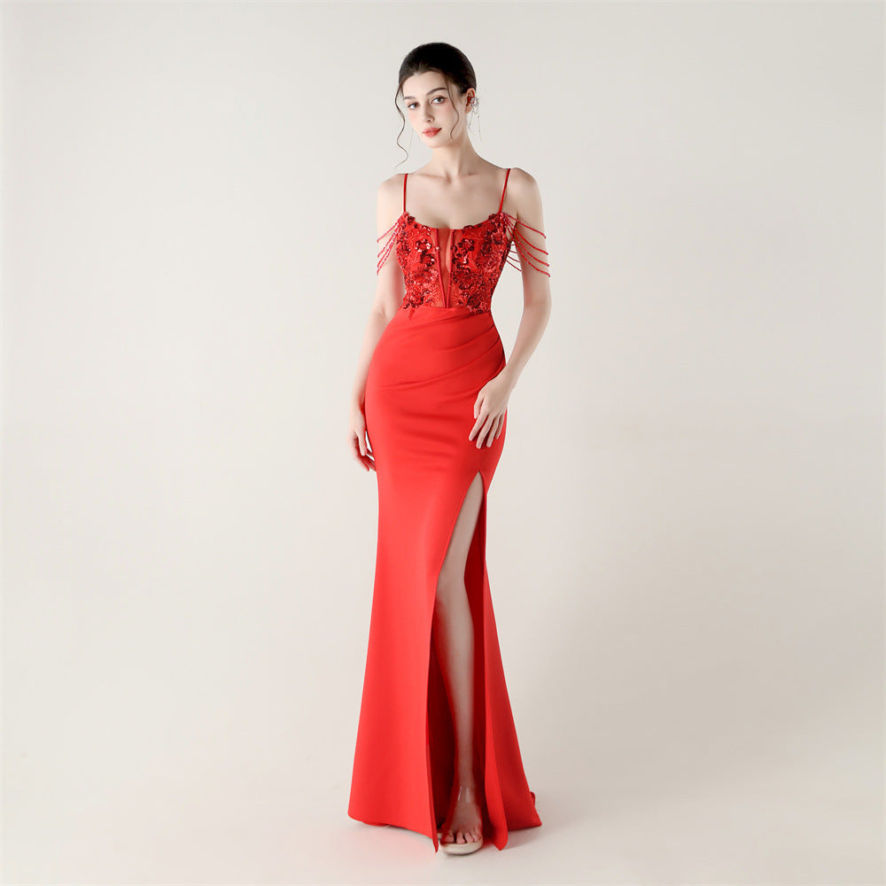 New bead tube craft fishbone strap waist formal banquet dance suspender sequined evening dress
