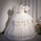 Kommunionkleid für Kleinkinder, Mädchen-Festkleid, weißes Paillettenkleid, bauschiges Prinzessinnenkleid 