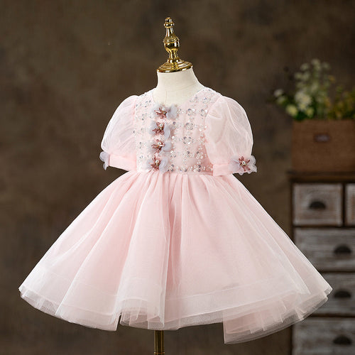 Vestido de verano para niña pequeña, de malla rosa con lentejuelas, para comunión, desfile, princesa 