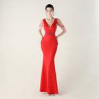 New deep V-neck high-density beads decorative slim-fitting evening dress banquet wedding performance
