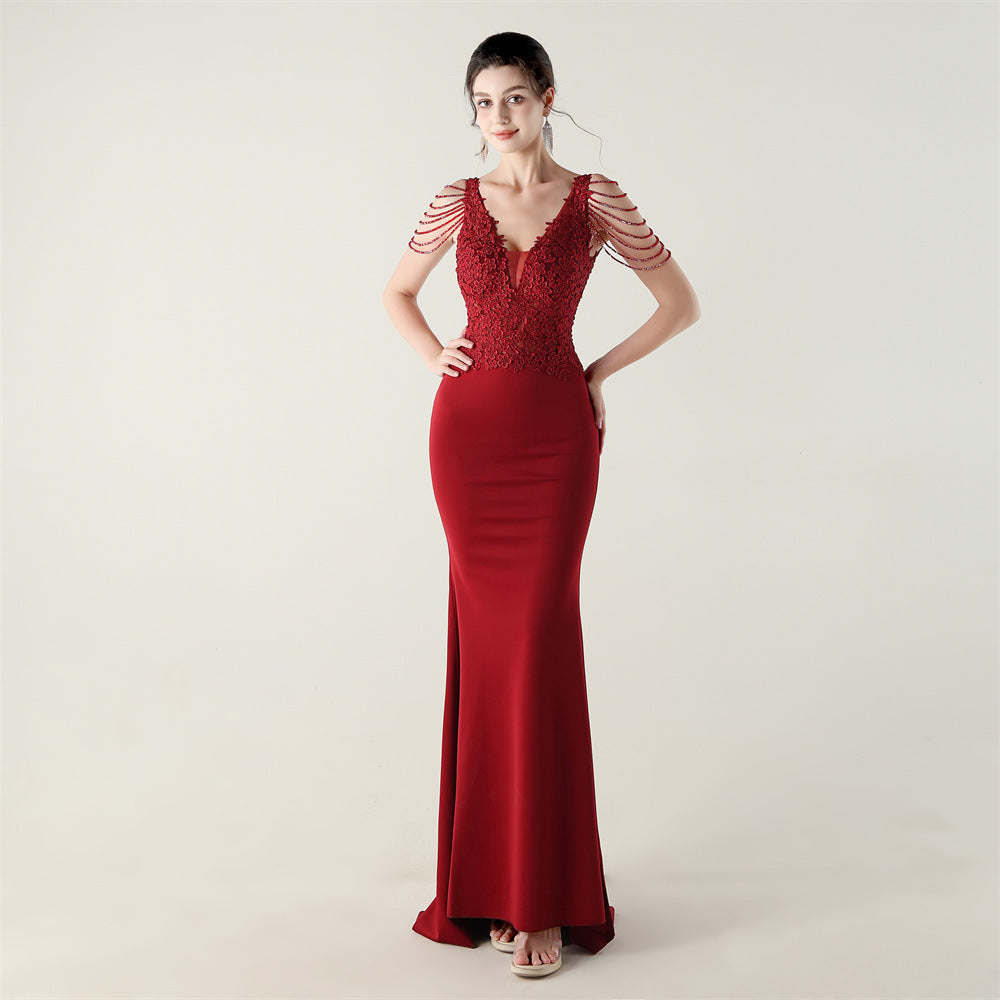 New Bead Lace Bead Embroidery Evening Ceremony, Off-Shoulder Fishtail Dress, Red Carpet Wedding Banquet Dress