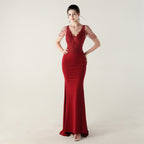 New Bead Lace Bead Embroidery Evening Ceremony, Off-Shoulder Fishtail Dress, Red Carpet Wedding Banquet Dress