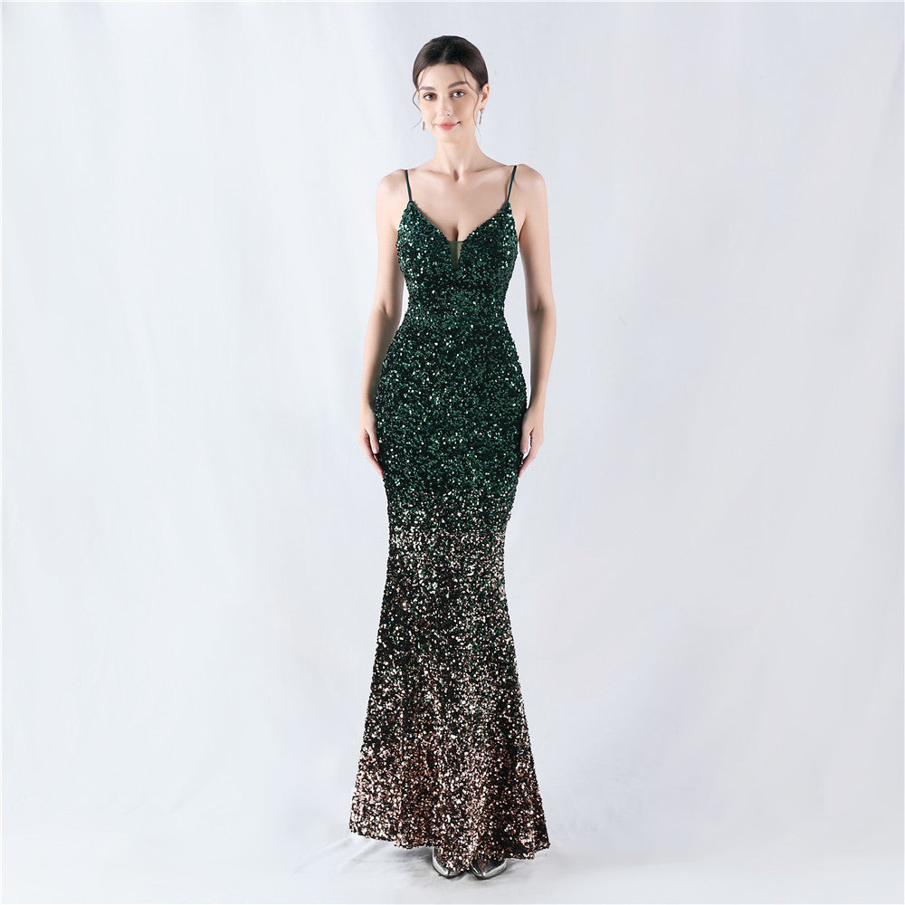New fleece bottom gradual change bead sexy suspender evening dress