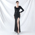 New craft ostrich hair long-sleeved bead evening dress