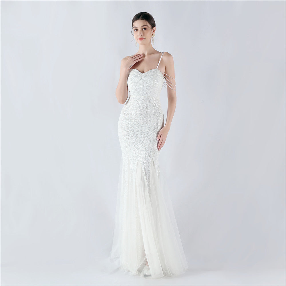 New dress craft beaded mesh sequined evening dress, performance, hosting, annual meeting