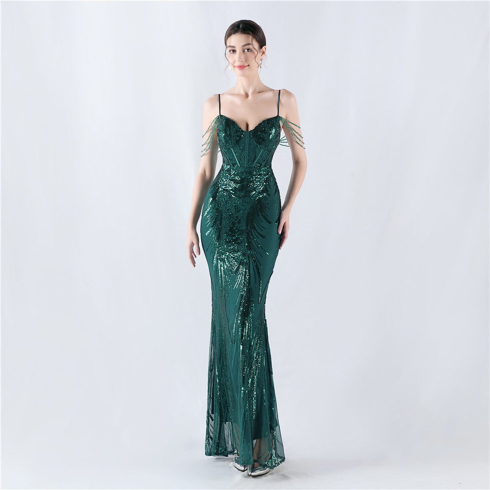 New waist fish bone shaping positioning flower beads live streaming host sexy bead suspender evening dress
