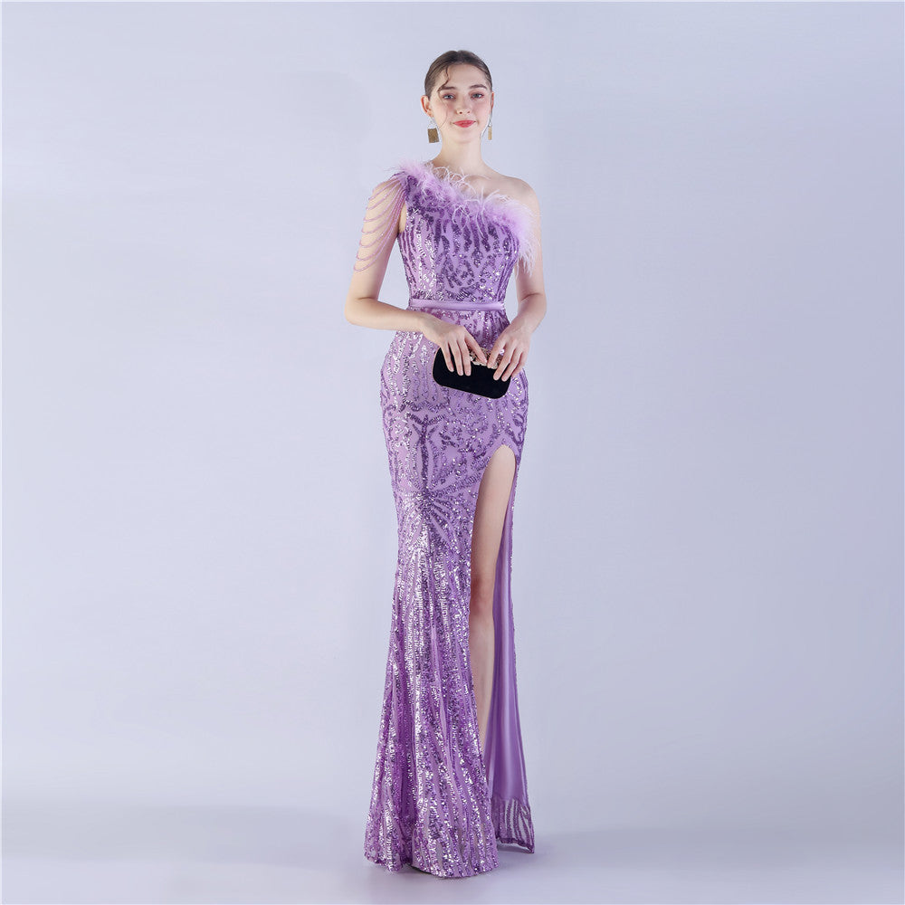 Dress new craft beaded ostrich hair oblique collar shoulder high-end evening dress