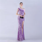 Dress new craft beaded ostrich hair oblique collar shoulder high-end evening dress