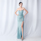 Symphony bead side split long suspender evening dress