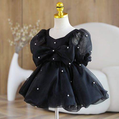 Vestido de princesa de comunión con perlas y mangas abullonadas para niña 