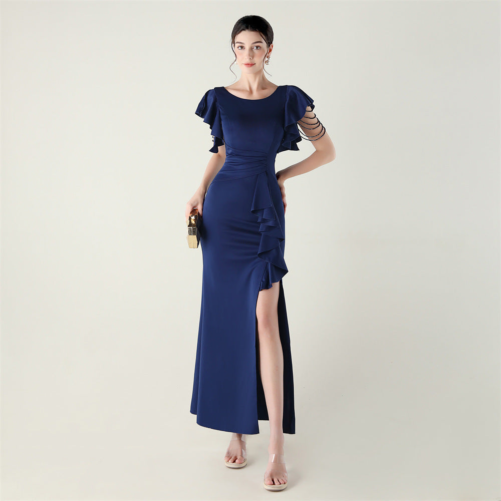 Heavy Industry Bead Tube Satin Evening Dress Deep V Lotus Leaf Pendant Bead Chain Bead Ordering Banquet Skirt