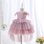 Blumenmädchenkleid für Kleinkinder, Kommunionkleid, Festkleid mit süßer Schleife, Prinzessinnenkleid mit Schleppe, Geburtstagskleid 
