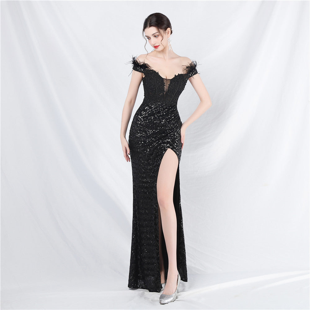 Ostrich hair lace hot diamond court vest fish bone waist high-end evening dress