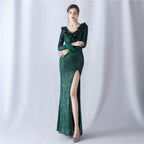 High-end evening dress decorated with ostrich hair craft wavy beads