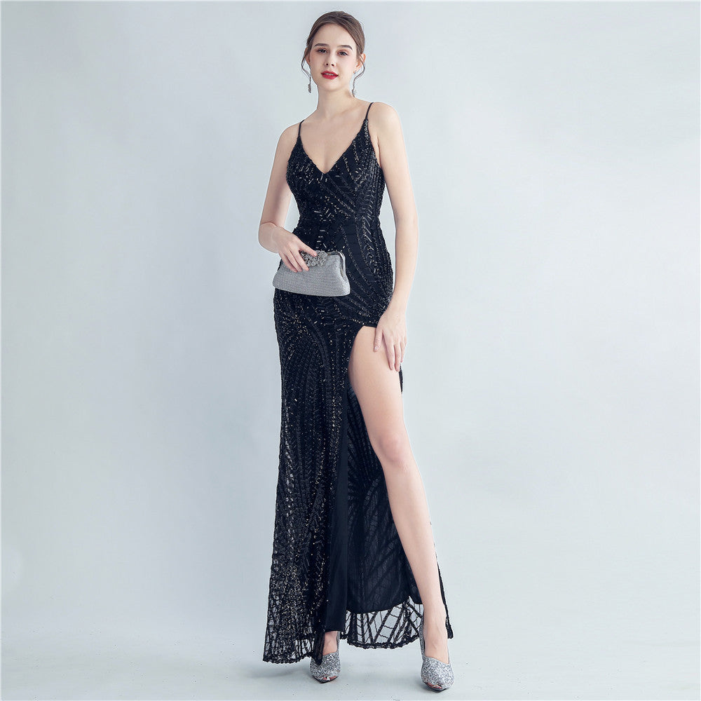 New high-density sequins bundled waist styling side split high-end evening dress
