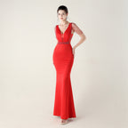 New deep V-neck high-density beads decorative slim-fitting evening dress banquet wedding performance