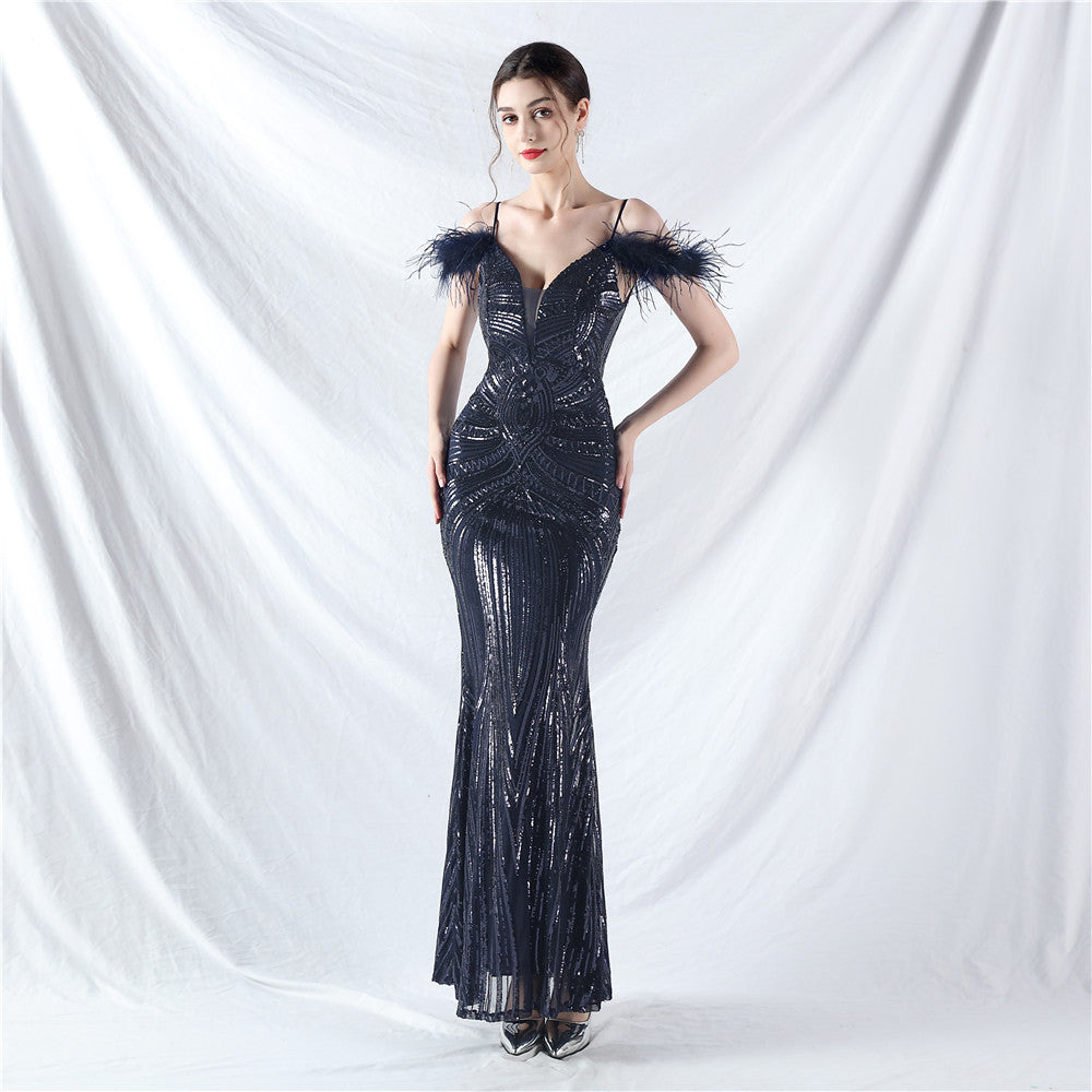 new dress craft order ostrich hair positioning flower bead piece evening dress