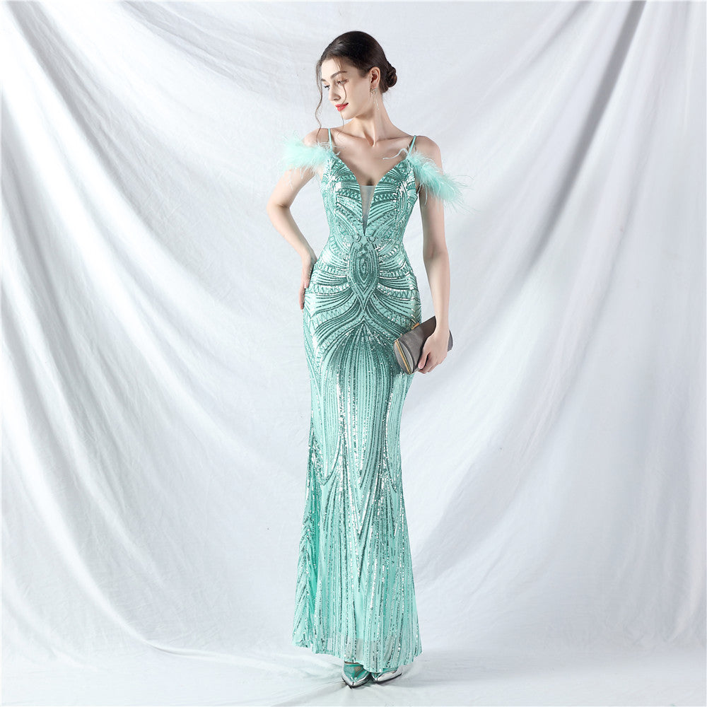 new dress craft order ostrich hair positioning flower bead piece evening dress