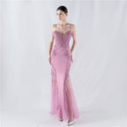 Heavy Industry Hot Drilled Fishbone Vest Lace Lace Bead High Fork Evening Dress