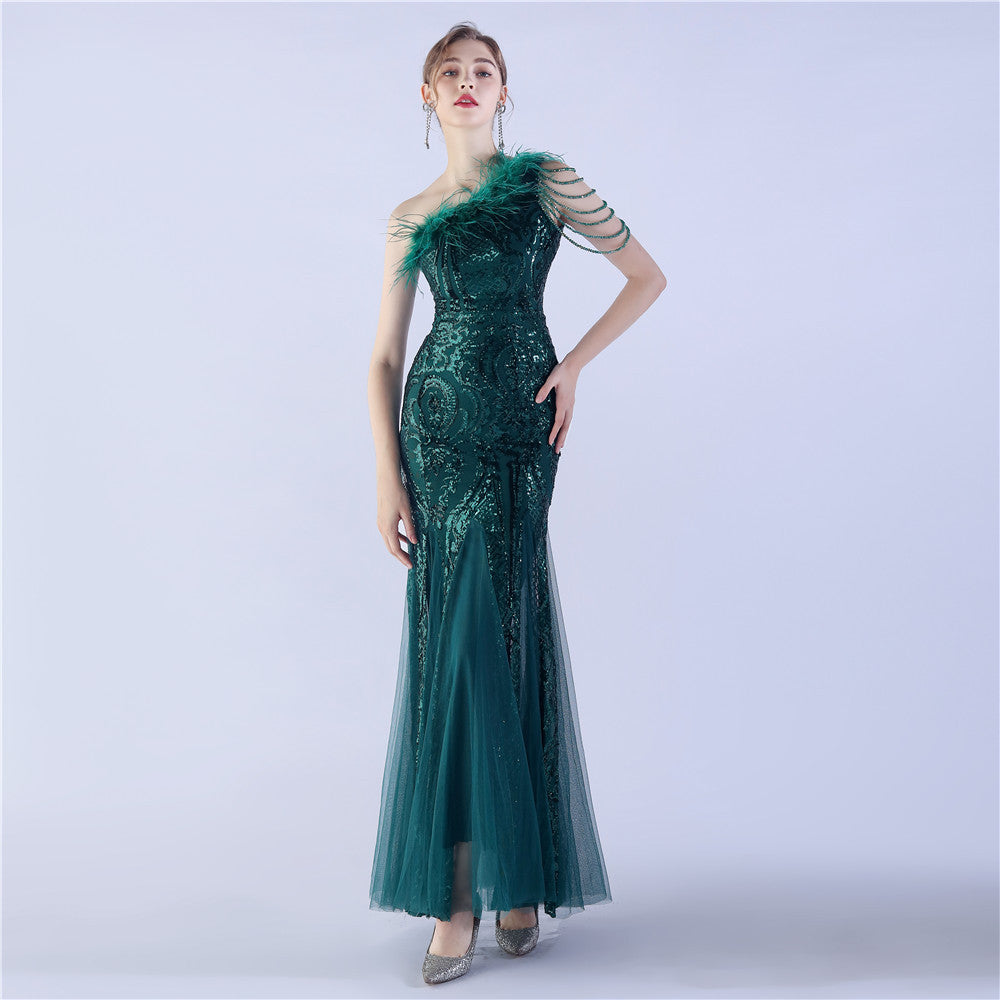 New craft beads and ostrich feathers high-end sequin evening dress