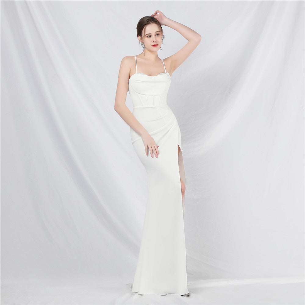 Court fish bone vest waist heavy industry craftsmanship beaded tube top sling high-end evening dress