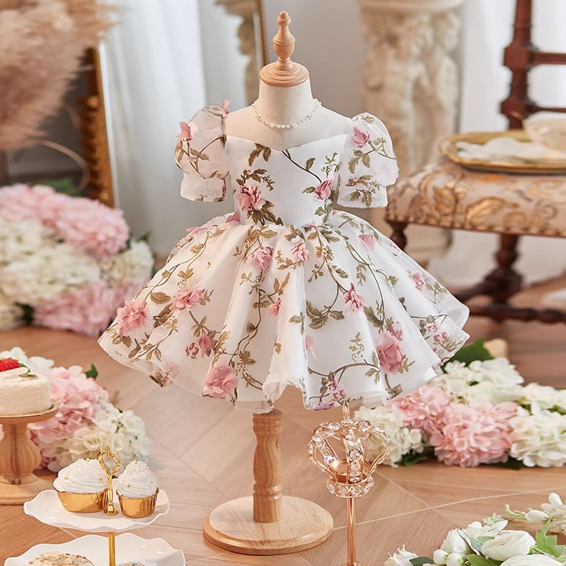 Elegante vestido de fiesta de cumpleaños floral con mangas abullonadas de malla para bebé, vestido de primera comunión para niña pequeña 
