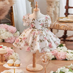 Elegante vestido de fiesta de cumpleaños floral con mangas abullonadas de malla para bebé, vestido de primera comunión para niña pequeña 