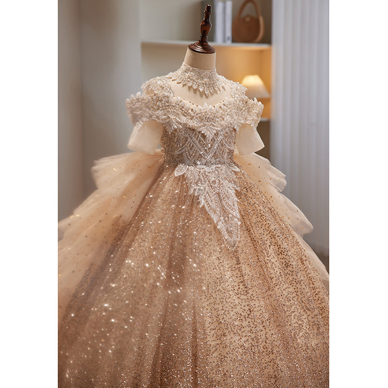 Vestido de princesa con lentejuelas y cuentas para fiesta de cumpleaños de comunión de niña pequeña 