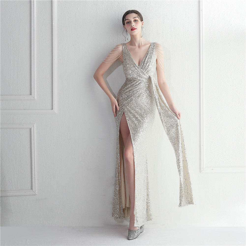 Handmade beaded dress celebrity car model dinner performance long evening dress