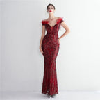 High density three-dimensional strong bead positioning flower craft handmade hair banquet slim sexy evening dress