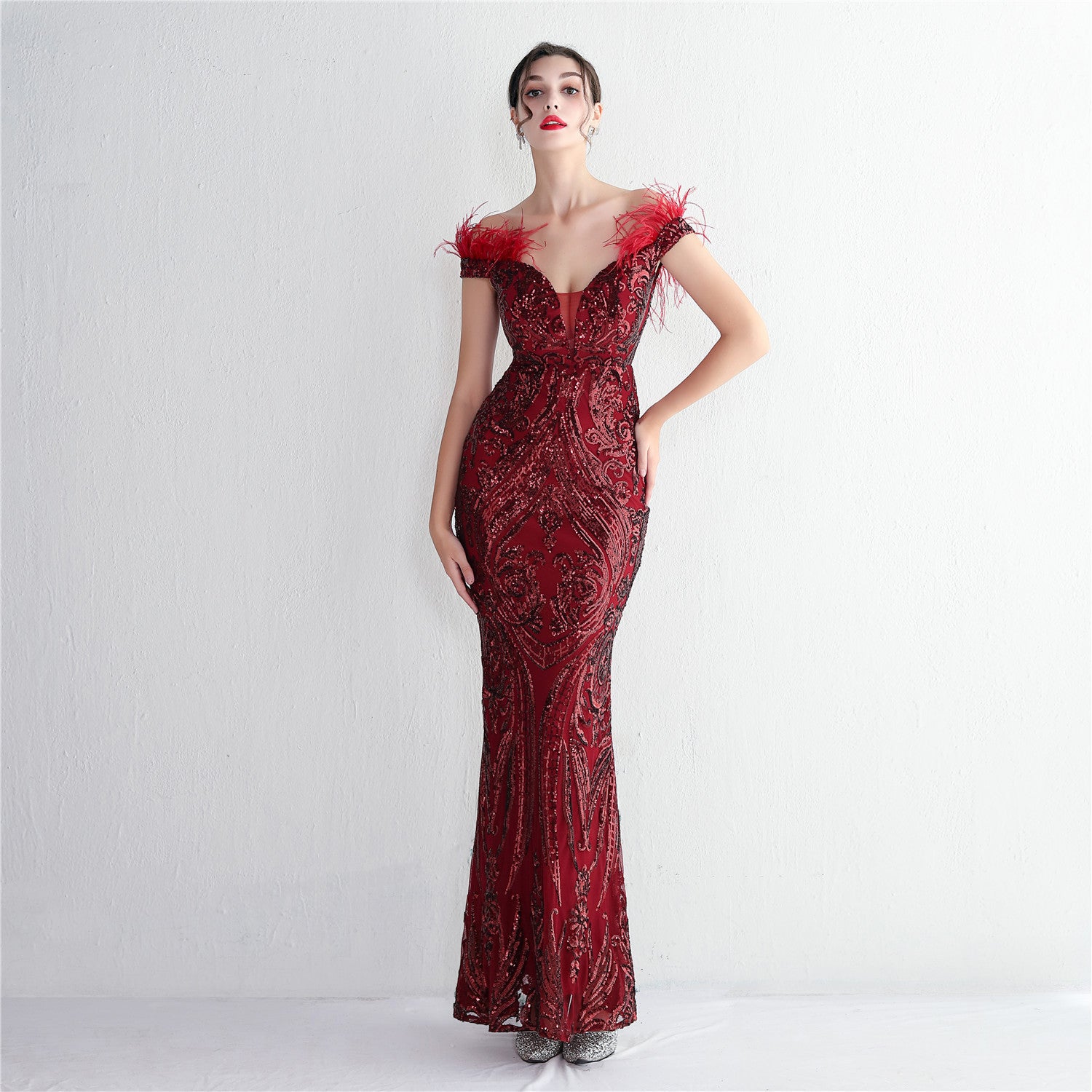 High density three-dimensional strong bead positioning flower craft handmade hair banquet slim sexy evening dress