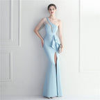 Craft beaded mesh yarn perspective split fork European and American sexy dress long