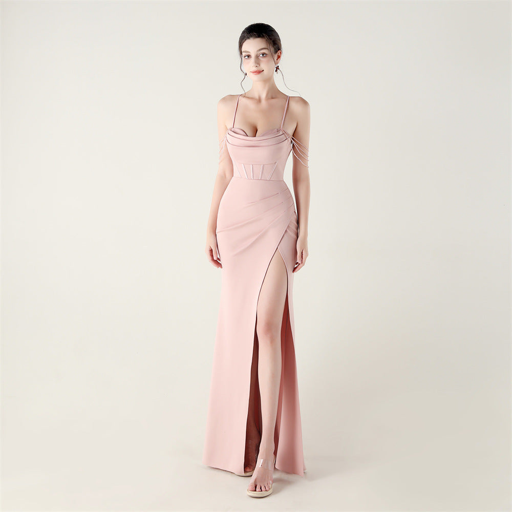New evening dress, heavy industry beads, fish bone styling straps, waist fish tail, sexy banquet evening dress