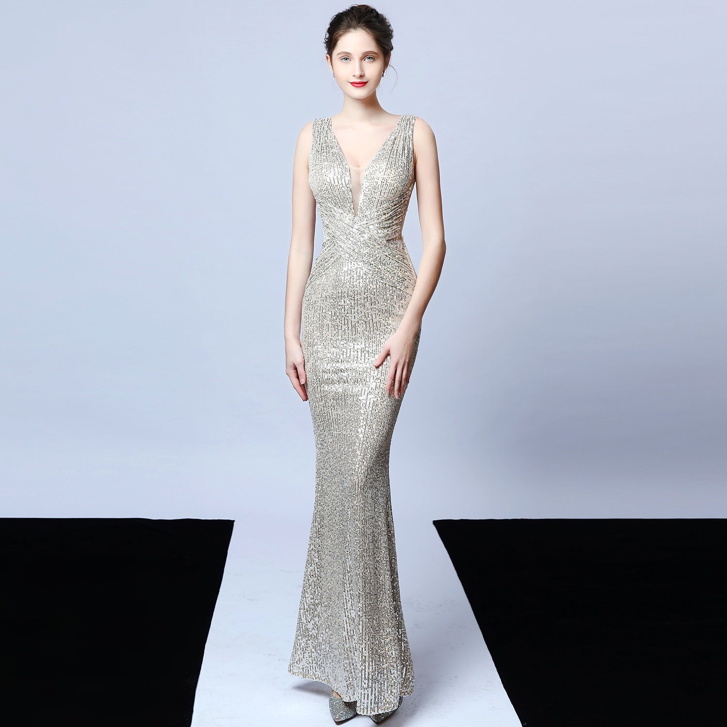 New banquet temperament elegant long sleeveless sequins aura queen fishtail, evening dress