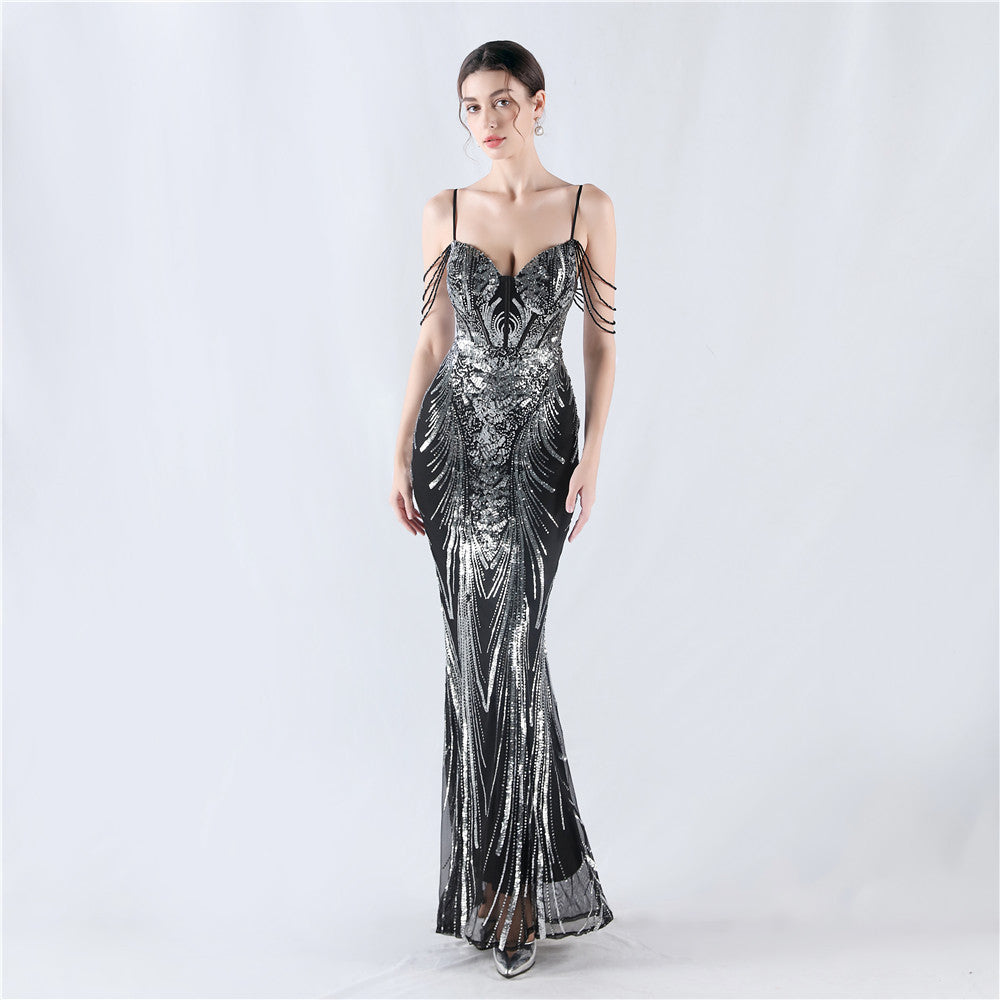 New waist fish bone shaping positioning flower beads live streaming host sexy bead suspender evening dress