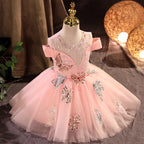 Baby Mädchen Kommunionkleid, rosa Pailletten, Schmetterlingsmuster, flauschiges Prinzessinnenkleid aus Mesh 