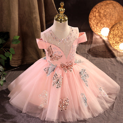 Vestido de primera comunión para niña, color rosa, con lentejuelas y mariposas, de malla esponjosa, vestido de fiesta de princesa 
