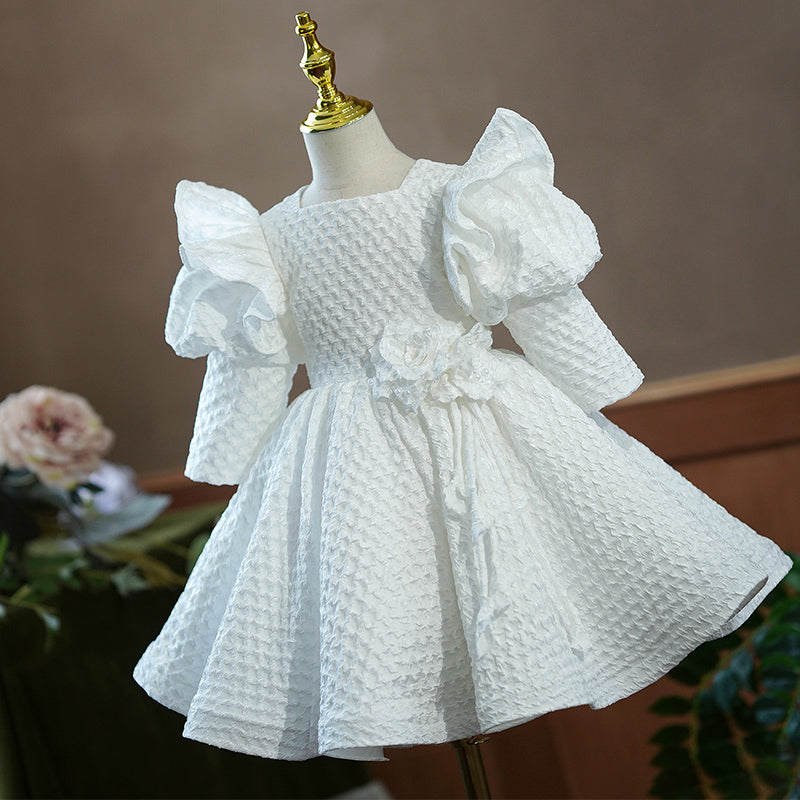 Blumenmädchenkleid, Kleinkind, Prinzessin, Weiß, Langärmelig, Puffärmel, Taufkleid, Festkleid für Taufe, Kommunion, Taufe 