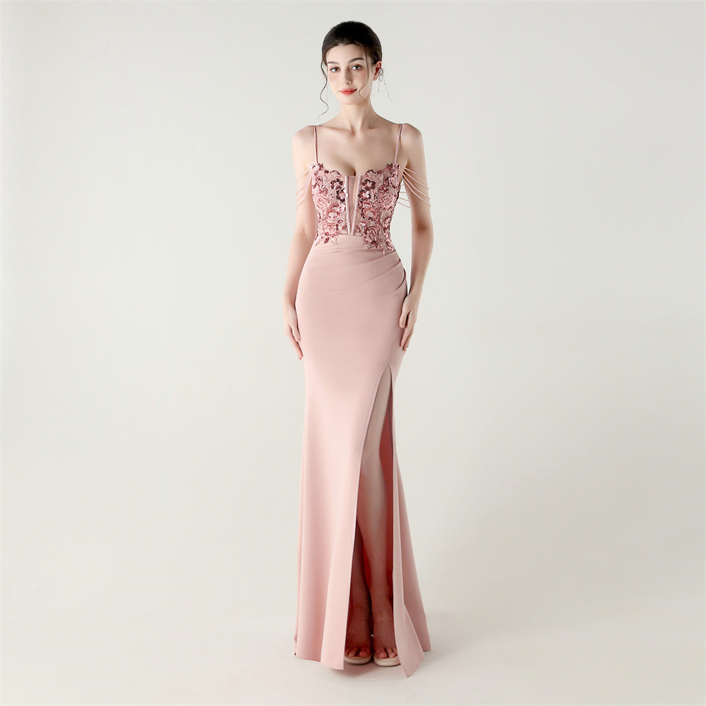New bead tube craft fishbone strap waist formal banquet dance suspender sequined evening dress