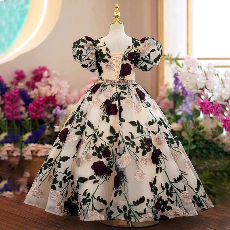 Vestido de niña pequeña para comunión, mangas abullonadas, bordado de rosas, vestido de princesa para fiesta de boda 