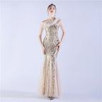 New craft beads and ostrich feathers high-end sequin evening dress