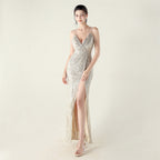 New deep V suspender sequined fishtail evening dress beaded decorative sexy night banquet dress