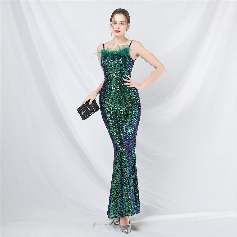 New Craft Ostrich Hair High-end Symphony Bead Evening Dress Banquet Party Dress