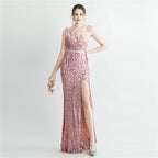Heavy industry ostrich hair craft bundle hair slant shoulder side split high-end evening dress